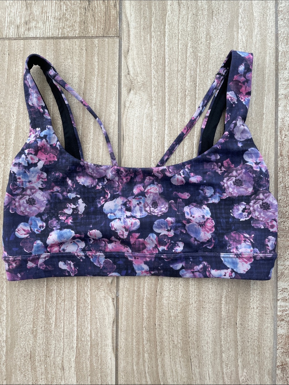 Athleta blue and pink floral sports bra, size Small